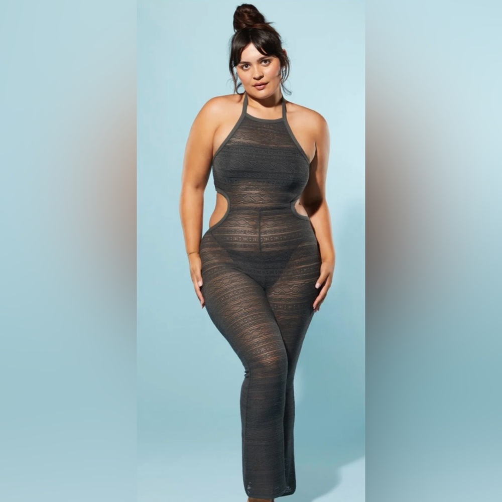 Yitty Knit slip flare leg jumpsuit in smoked out grey size small